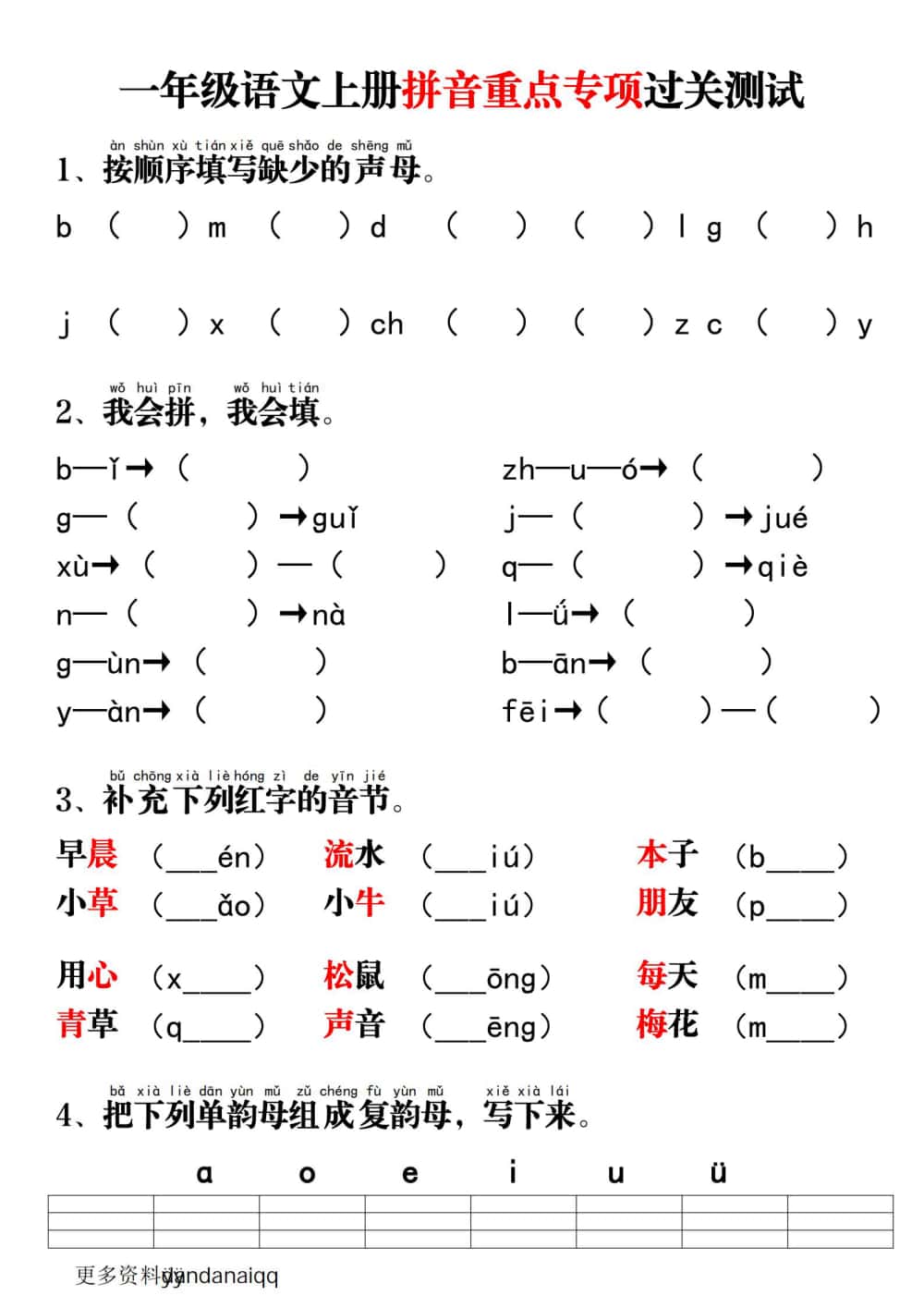 一年级语文上册拼音重点专项过关测试-五车芝士
